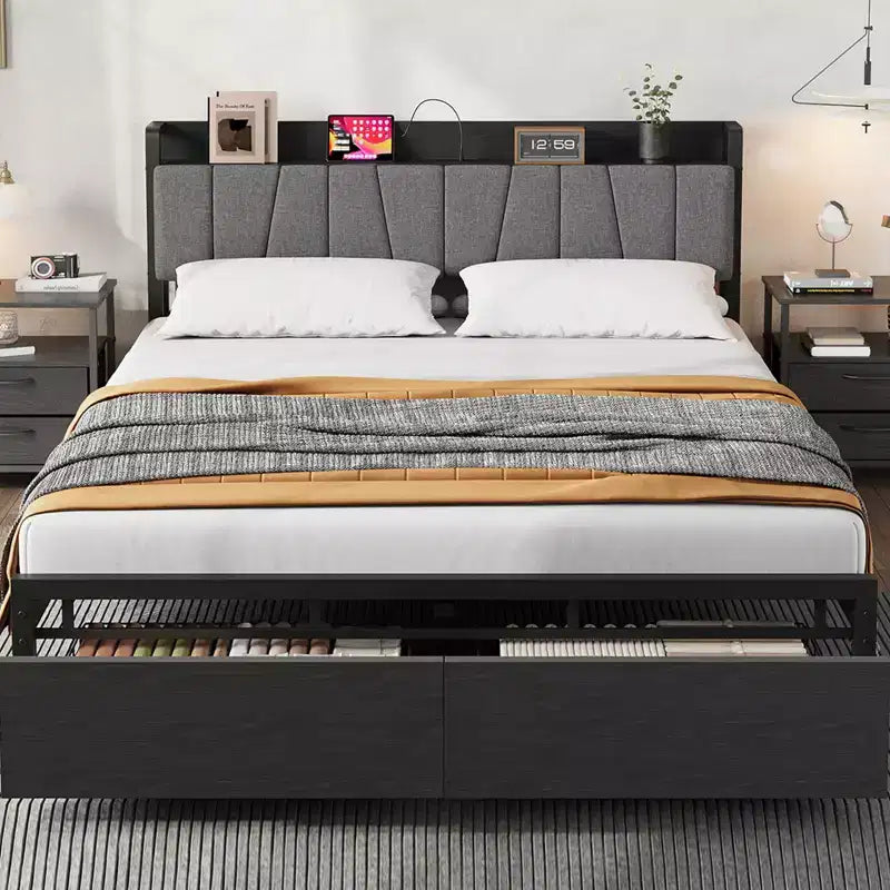 Queen Size Bed Frame with Storage Headboard, Industrial Queen Platform Bed with 2 Large Drawers and Charging Station, No Box Spring Needed Noise Free