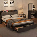 Queen Size Bed Frame with Storage Headboard, Industrial Queen Platform Bed with 2 Large Drawers and Charging Station, No Box Spring Needed Noise Free