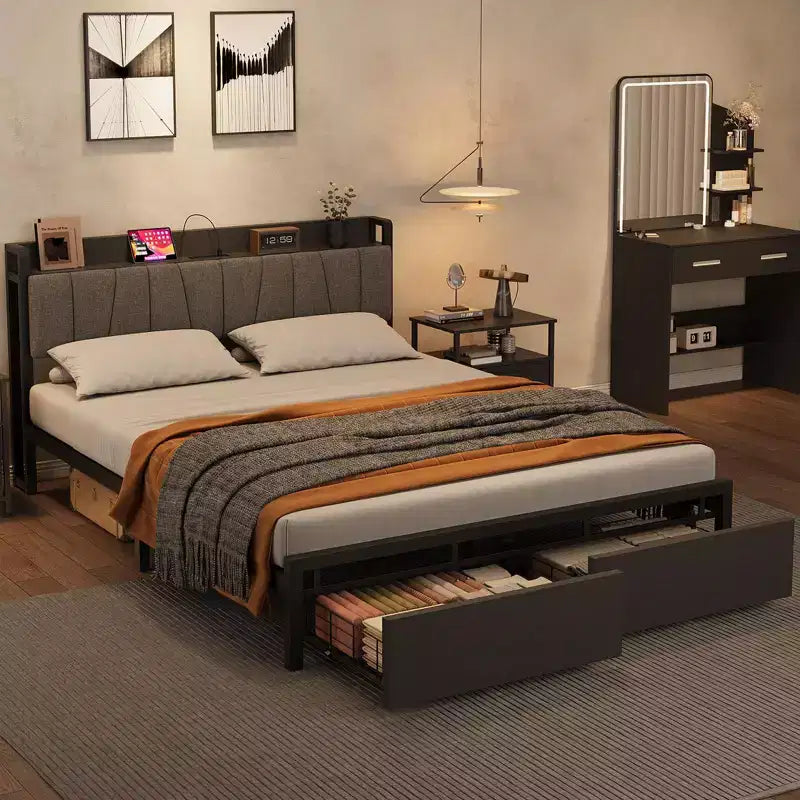 Queen Size Bed Frame with Storage Headboard, Industrial Queen Platform Bed with 2 Large Drawers and Charging Station, No Box Spring Needed Noise Free