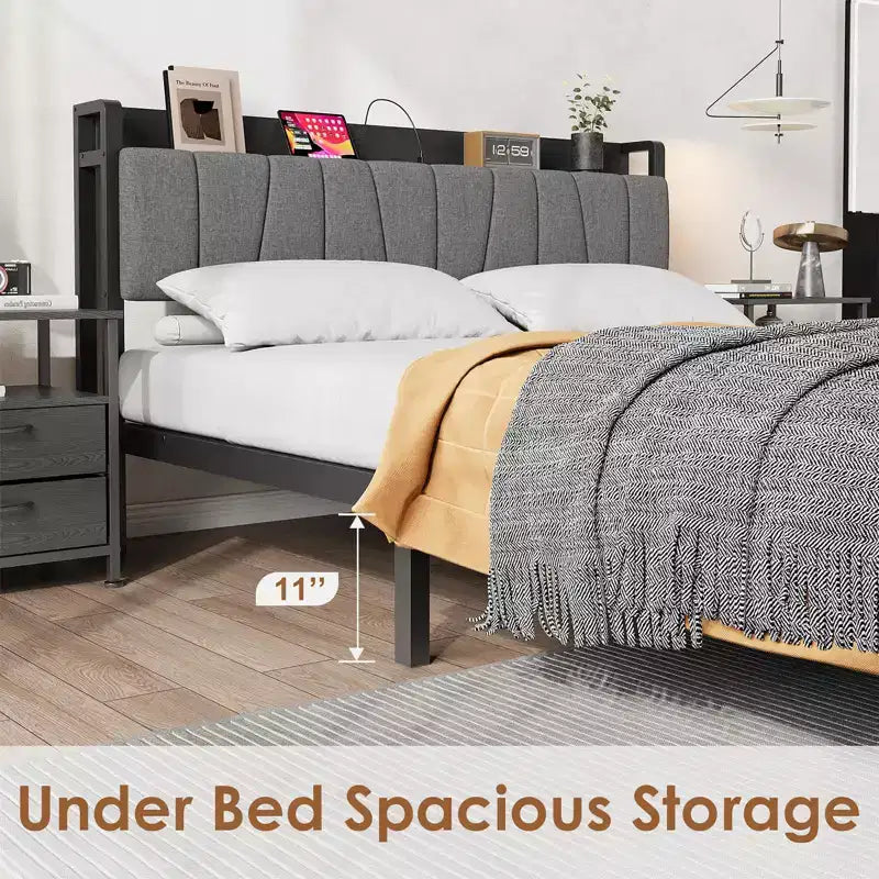 Queen Size Bed Frame with Storage Headboard, Industrial Queen Platform Bed with 2 Large Drawers and Charging Station, No Box Spring Needed Noise Free