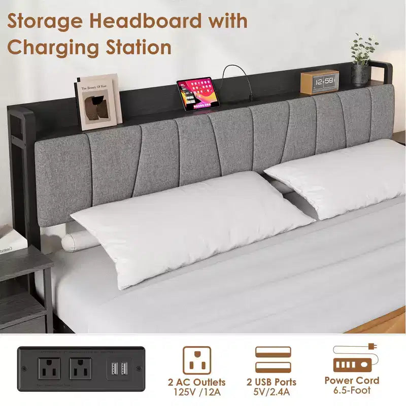 Queen Size Bed Frame with Storage Headboard, Industrial Queen Platform Bed with 2 Large Drawers and Charging Station, No Box Spring Needed Noise Free