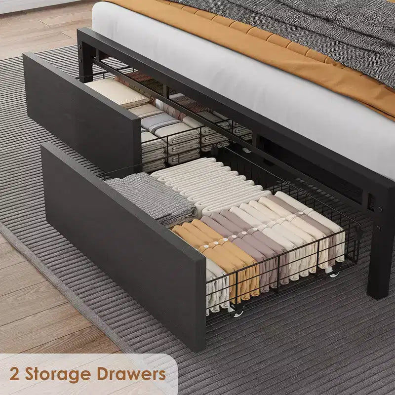 Queen Size Bed Frame with Storage Headboard, Industrial Queen Platform Bed with 2 Large Drawers and Charging Station, No Box Spring Needed Noise Free