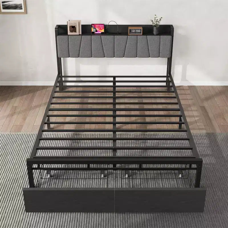 Queen Size Bed Frame with Storage Headboard, Industrial Queen Platform Bed with 2 Large Drawers and Charging Station, No Box Spring Needed Noise Free
