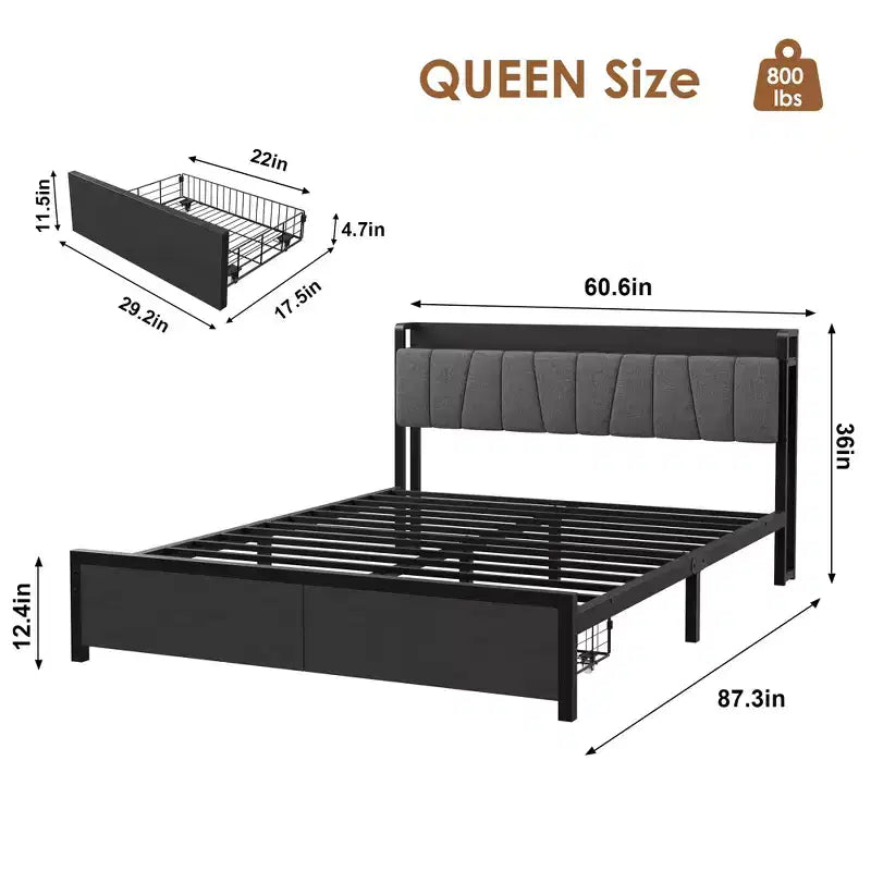 Queen Size Bed Frame with Storage Headboard, Industrial Queen Platform Bed with 2 Large Drawers and Charging Station, No Box Spring Needed Noise Free