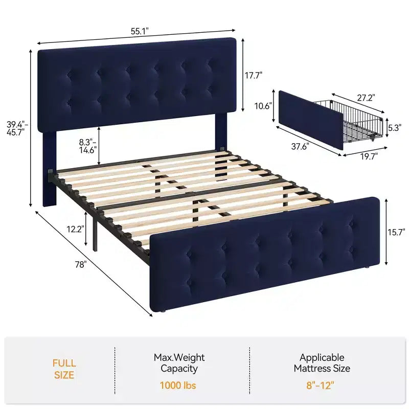 Coolmee Full/Queen/King Size Bed Frame with 4 Storage Drawers and Headboard, Linen Upholstered Platform Bed Frame with Wooden Slats Support
