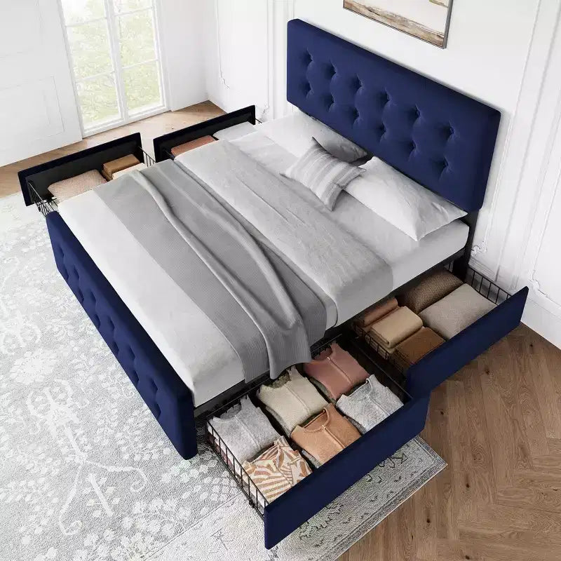 Coolmee Full/Queen/King Size Bed Frame with 4 Storage Drawers and Headboard, Linen Upholstered Platform Bed Frame with Wooden Slats Support