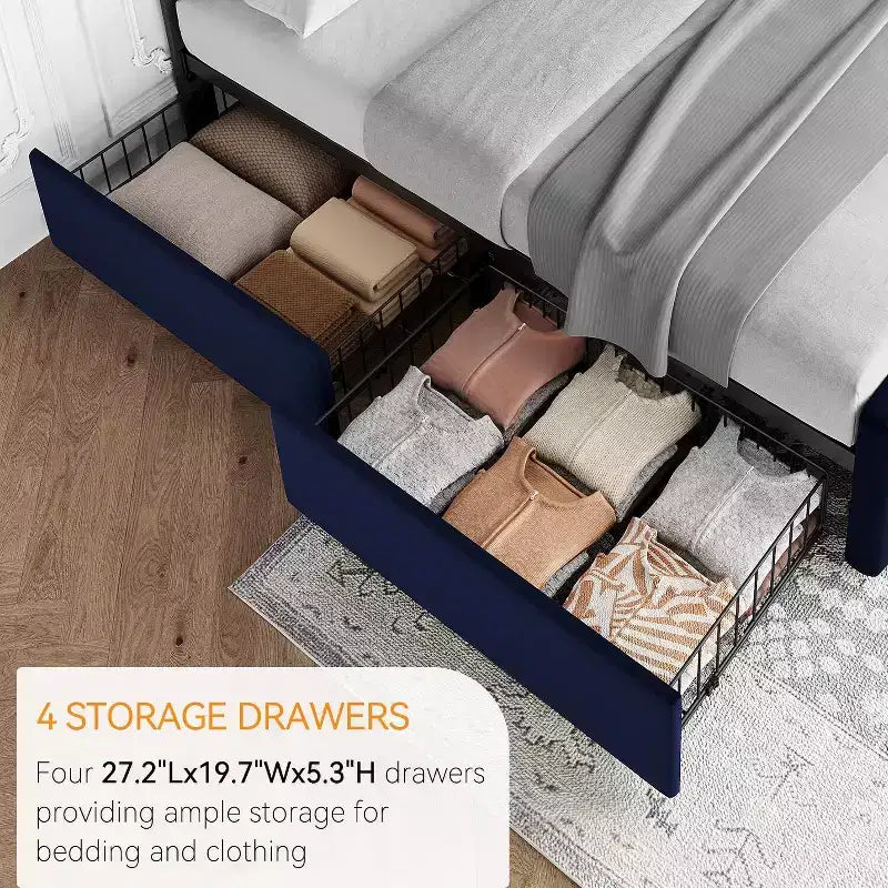 Coolmee Full/Queen/King Size Bed Frame with 4 Storage Drawers and Headboard, Linen Upholstered Platform Bed Frame with Wooden Slats Support