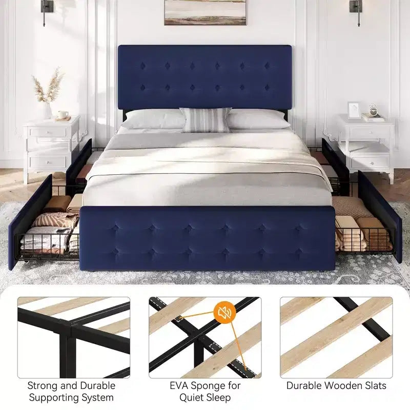 Coolmee Full/Queen/King Size Bed Frame with 4 Storage Drawers and Headboard, Linen Upholstered Platform Bed Frame with Wooden Slats Support