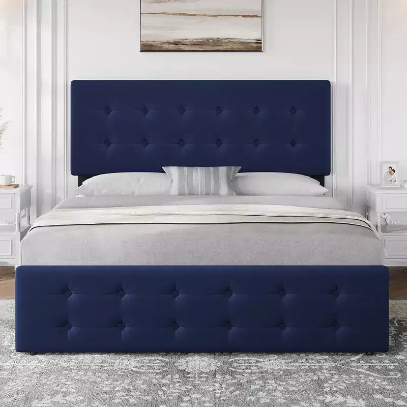 Coolmee Full/Queen/King Size Bed Frame with 4 Storage Drawers and Headboard, Linen Upholstered Platform Bed Frame with Wooden Slats Support
