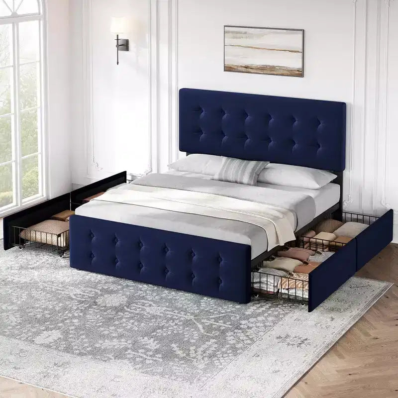Coolmee Full/Queen/King Size Bed Frame with 4 Storage Drawers and Headboard, Linen Upholstered Platform Bed Frame with Wooden Slats Support