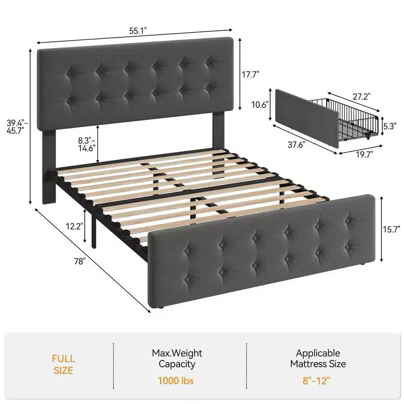 Coolmee Full/Queen/King Size Bed Frame with 4 Storage Drawers and Headboard, Linen Upholstered Platform Bed Frame with Wooden Slats Support