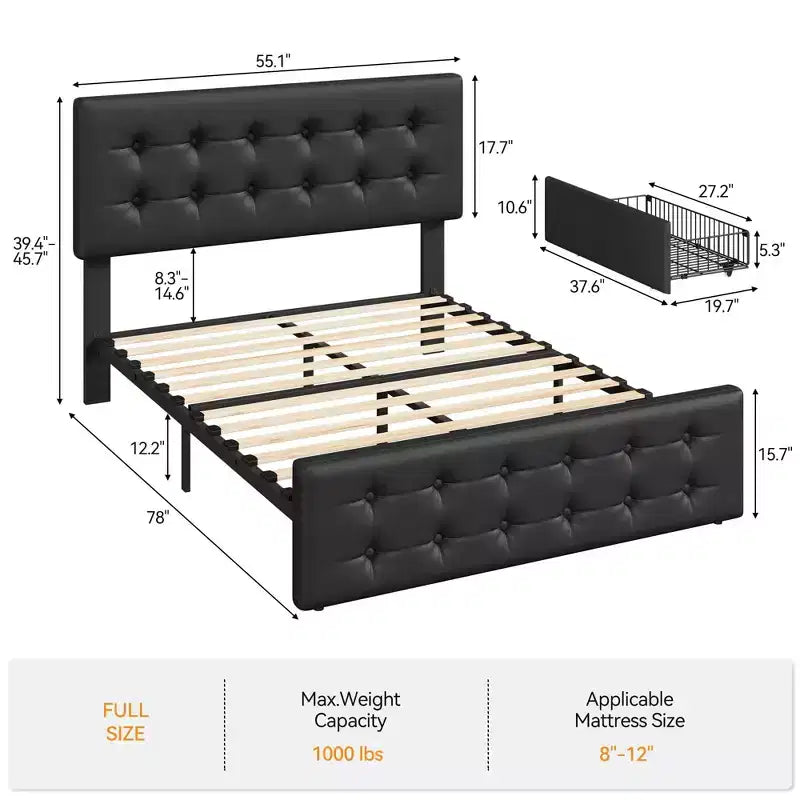 Coolmee Full/Queen/King Size Bed Frame with 4 Storage Drawers and Headboard, Linen Upholstered Platform Bed Frame with Wooden Slats Support