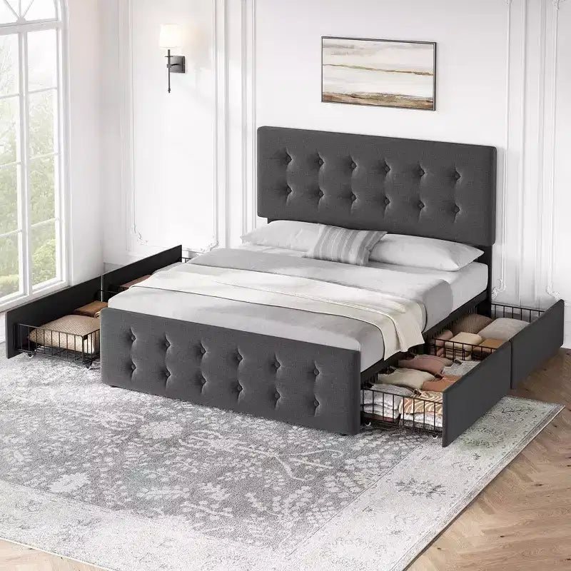 Coolmee Full/Queen/King Size Bed Frame with 4 Storage Drawers and Headboard, Linen Upholstered Platform Bed Frame with Wooden Slats Support