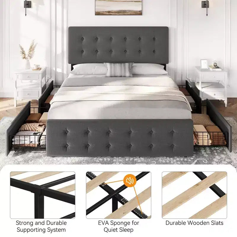 Coolmee Full/Queen/King Size Bed Frame with 4 Storage Drawers and Headboard, Linen Upholstered Platform Bed Frame with Wooden Slats Support