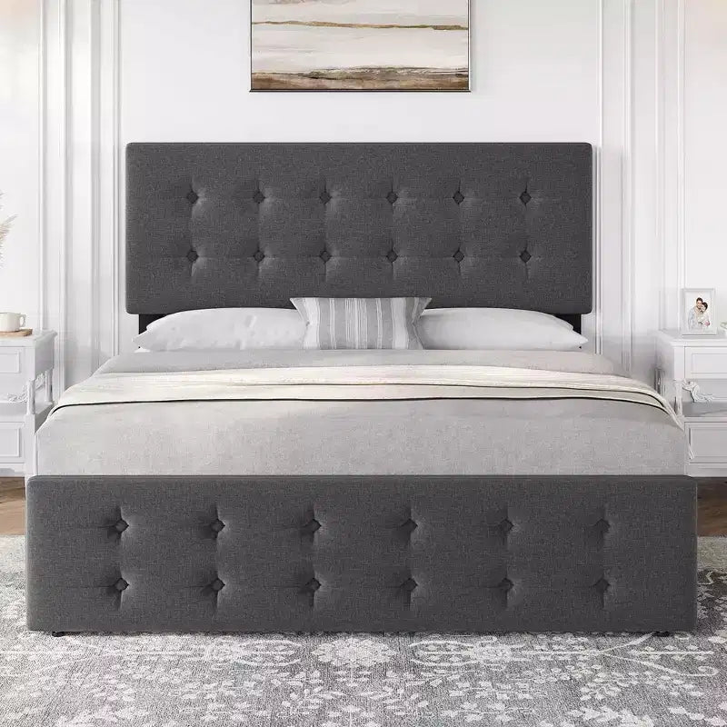Coolmee Full/Queen/King Size Bed Frame with 4 Storage Drawers and Headboard, Linen Upholstered Platform Bed Frame with Wooden Slats Support