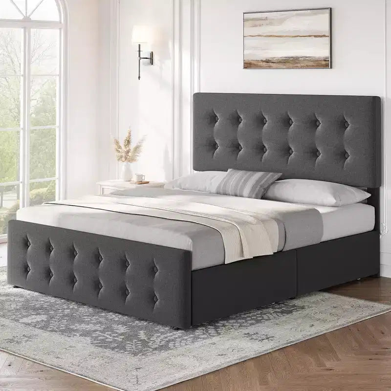 Coolmee Full/Queen/King Size Bed Frame with 4 Storage Drawers and Headboard, Linen Upholstered Platform Bed Frame with Wooden Slats Support