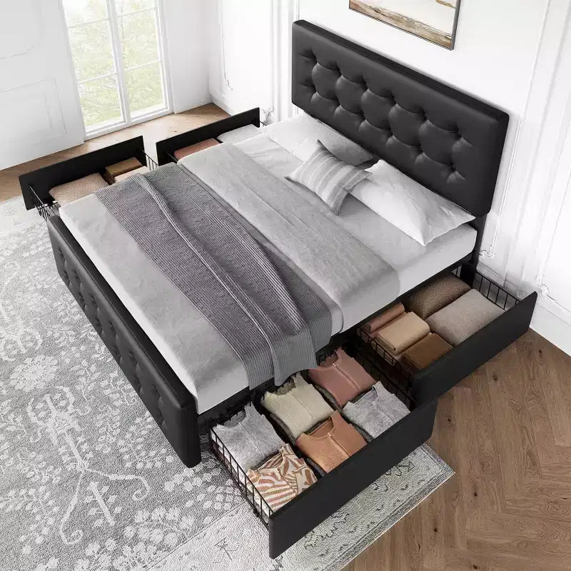 Coolmee Full/Queen/King Size Bed Frame with 4 Storage Drawers and Headboard, Linen Upholstered Platform Bed Frame with Wooden Slats Support