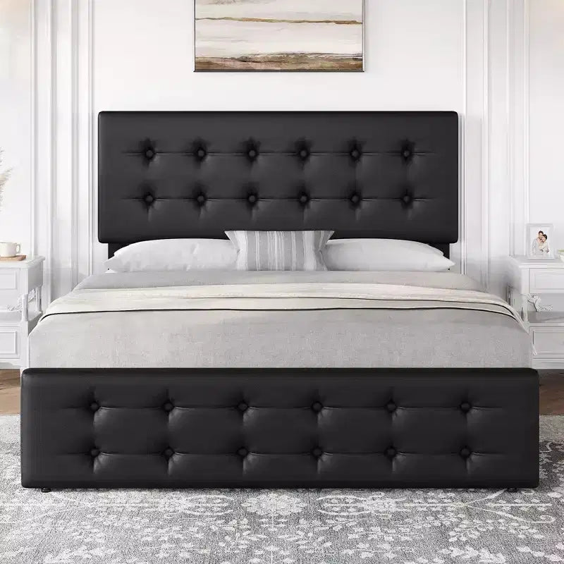 Coolmee Full/Queen/King Size Bed Frame with 4 Storage Drawers and Headboard, Linen Upholstered Platform Bed Frame with Wooden Slats Support