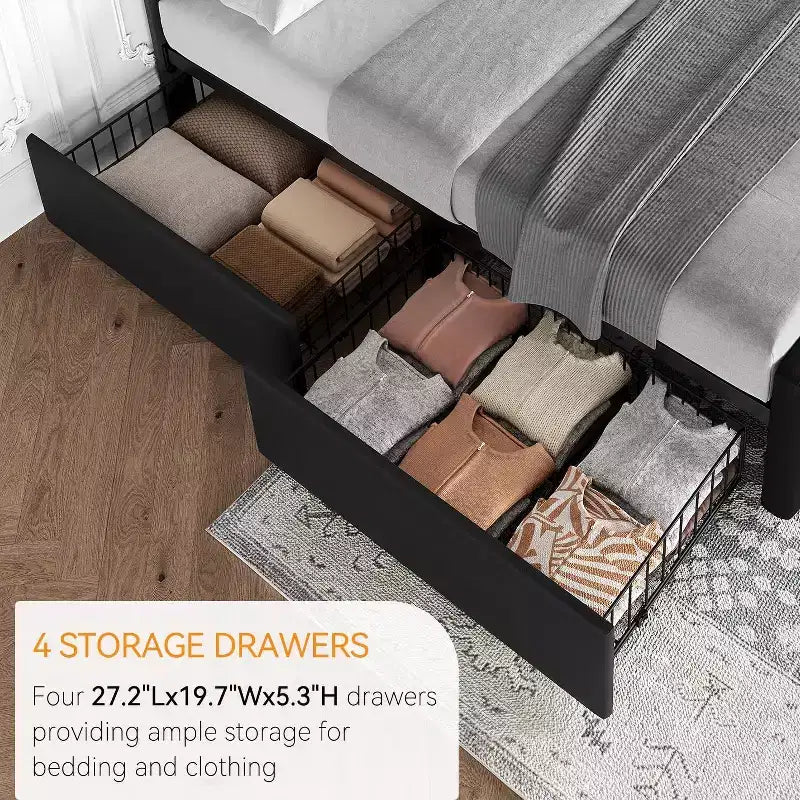 Coolmee Full/Queen/King Size Bed Frame with 4 Storage Drawers and Headboard, Linen Upholstered Platform Bed Frame with Wooden Slats Support