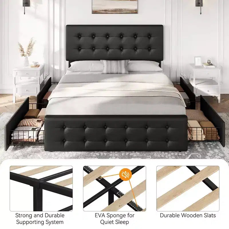Coolmee Full/Queen/King Size Bed Frame with 4 Storage Drawers and Headboard, Linen Upholstered Platform Bed Frame with Wooden Slats Support
