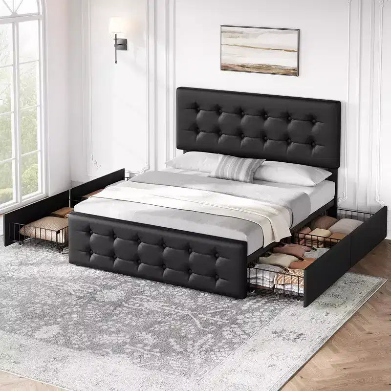 Coolmee Full/Queen/King Size Bed Frame with 4 Storage Drawers and Headboard, Linen Upholstered Platform Bed Frame with Wooden Slats Support