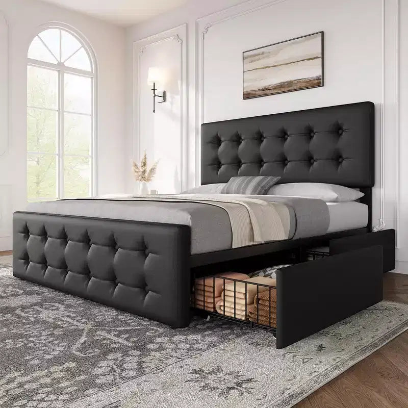 Coolmee Full/Queen/King Size Bed Frame with 4 Storage Drawers and Headboard, Linen Upholstered Platform Bed Frame with Wooden Slats Support