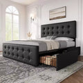 Coolmee Full/Queen/King Size Bed Frame with 4 Storage Drawers and Headboard, Linen Upholstered Platform Bed Frame with Wooden Slats Support