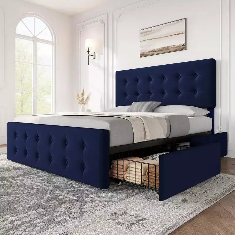 Coolmee Full/Queen/King Size Bed Frame with 4 Storage Drawers and Headboard, Linen Upholstered Platform Bed Frame with Wooden Slats Support