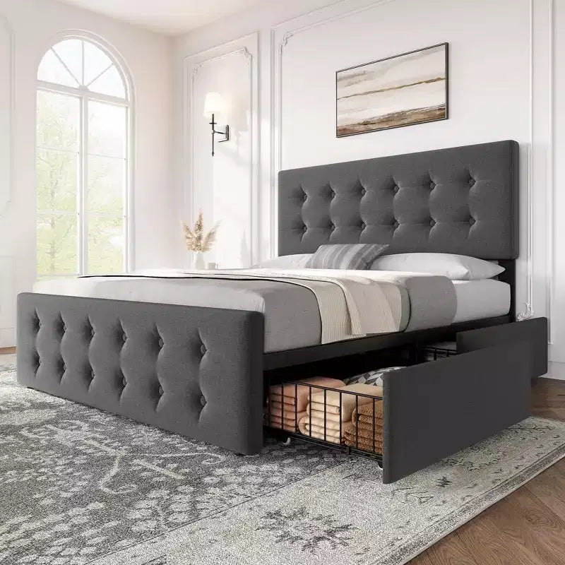 Coolmee Full/Queen/King Size Bed Frame with 4 Storage Drawers and Headboard, Linen Upholstered Platform Bed Frame with Wooden Slats Support
