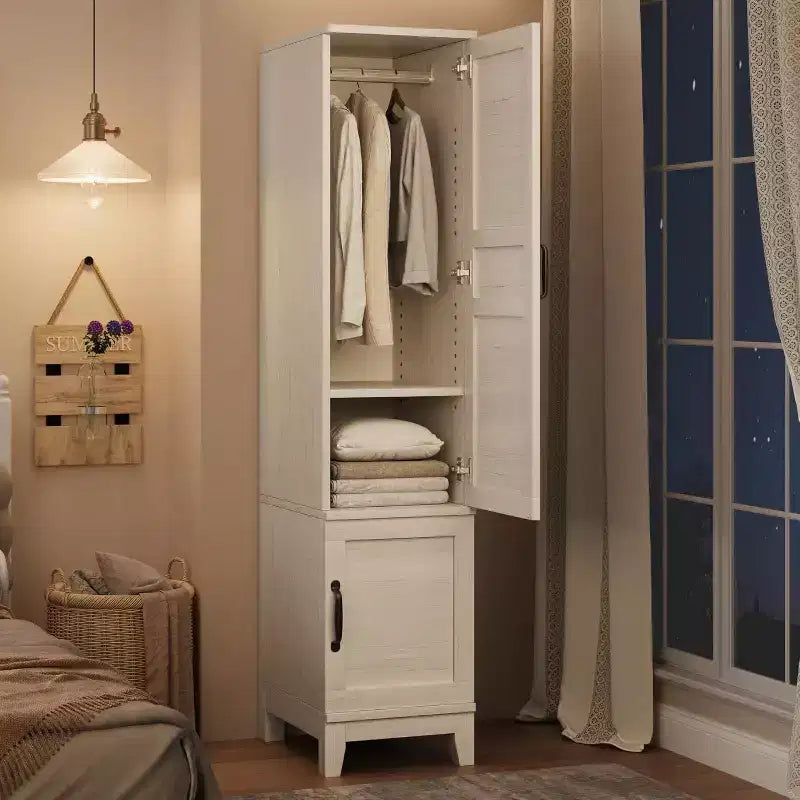 Acekool 72 Tall Wooden Armoire Wardrobe Cabinet with 2 Doors, Adjustable Shelves & Hanging Rod, Narrow Bedroom Closet Storage, Rustic White