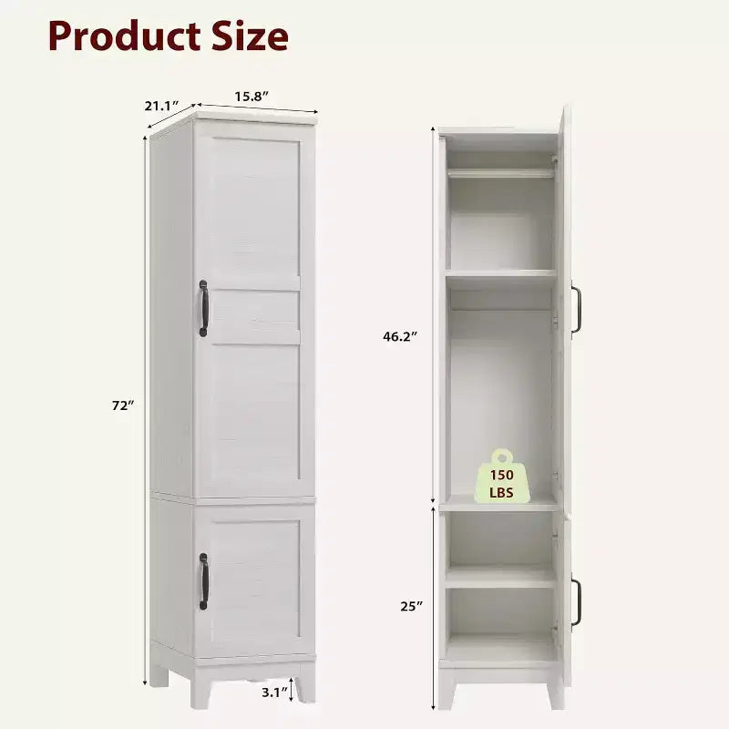 Acekool 72 Tall Wooden Armoire Wardrobe Cabinet with 2 Doors, Adjustable Shelves & Hanging Rod, Narrow Bedroom Closet Storage, Rustic White