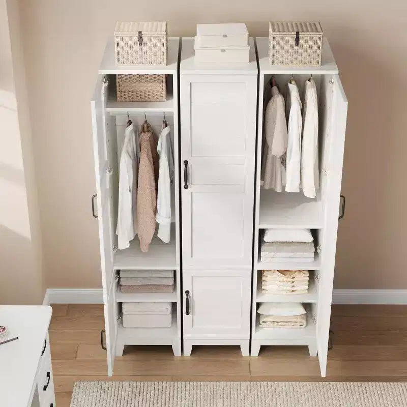 Acekool 72 Tall Wooden Armoire Wardrobe Cabinet with 2 Doors, Adjustable Shelves & Hanging Rod, Narrow Bedroom Closet Storage, Rustic White