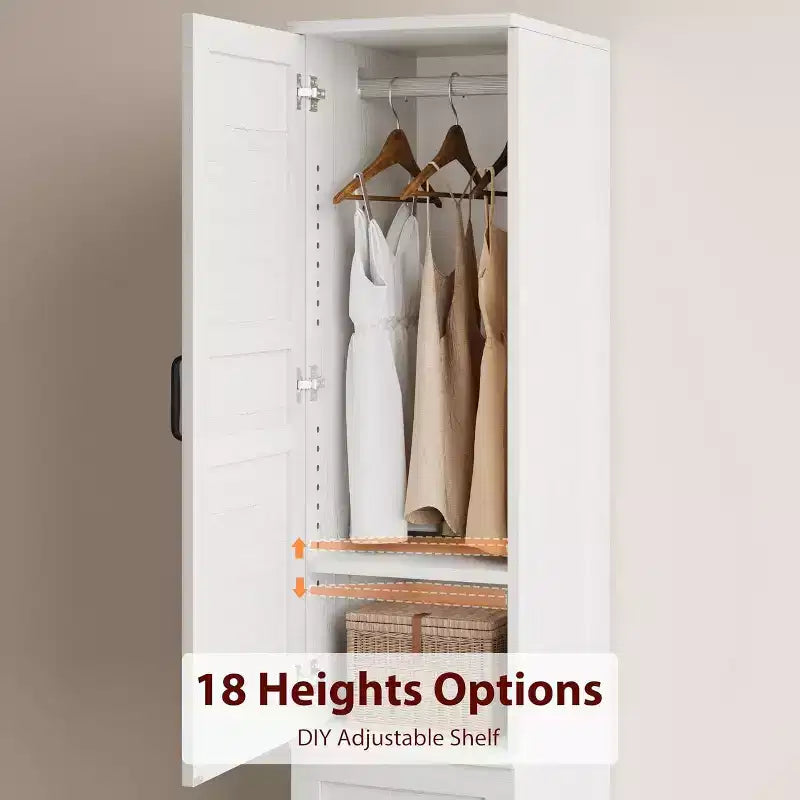 Acekool 72 Tall Wooden Armoire Wardrobe Cabinet with 2 Doors, Adjustable Shelves & Hanging Rod, Narrow Bedroom Closet Storage, Rustic White