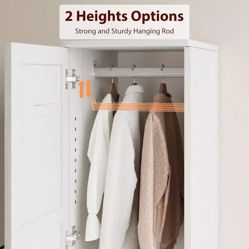 Acekool 72 Tall Wooden Armoire Wardrobe Cabinet with 2 Doors, Adjustable Shelves & Hanging Rod, Narrow Bedroom Closet Storage, Rustic White
