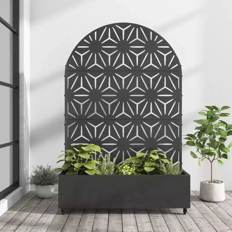 MAYEERTY Planter Box with Trellis Iron Black Arch Star Shape 01 Style 72x35x16in 3-Piece Set