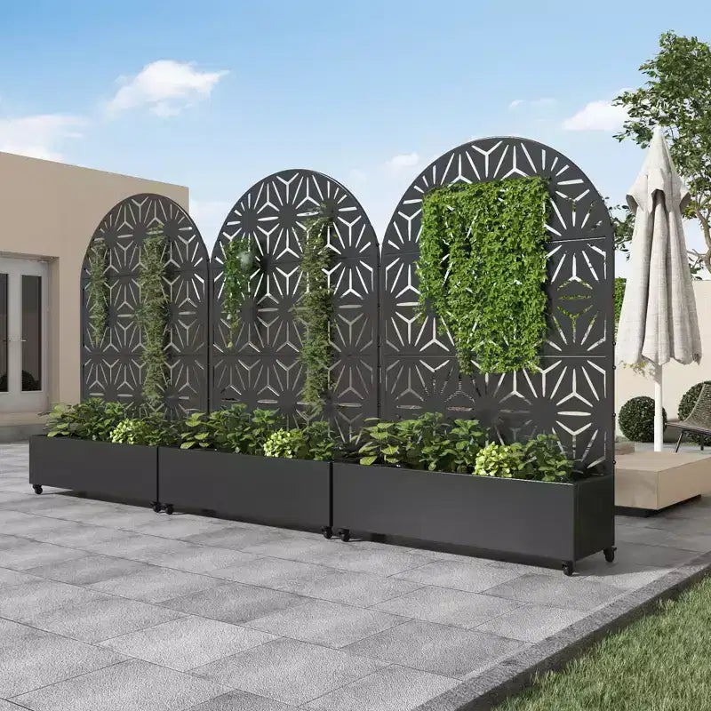 MAYEERTY Planter Box with Trellis Iron Black Arch Star Shape 01 Style 72x35x16in 3-Piece Set