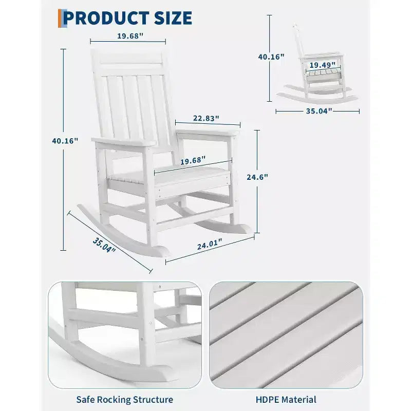 Outdoor rocking chair set of 2, HDPE all-weather oversized rocking chair, adult high-back porch rocking chair,suitable for multiple scenarios, white