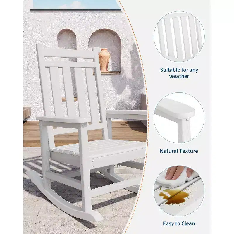 Outdoor rocking chair set of 2, HDPE all-weather oversized rocking chair, adult high-back porch rocking chair,suitable for multiple scenarios, white