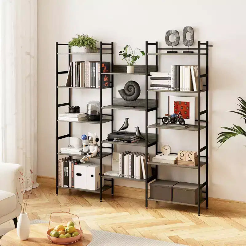 5 Tier Bookcases and Bookshelves, Triple Wide BookShelf With 14 Open Shelves, Adjustable Metal Frame Bookcase for Living Room Home Office