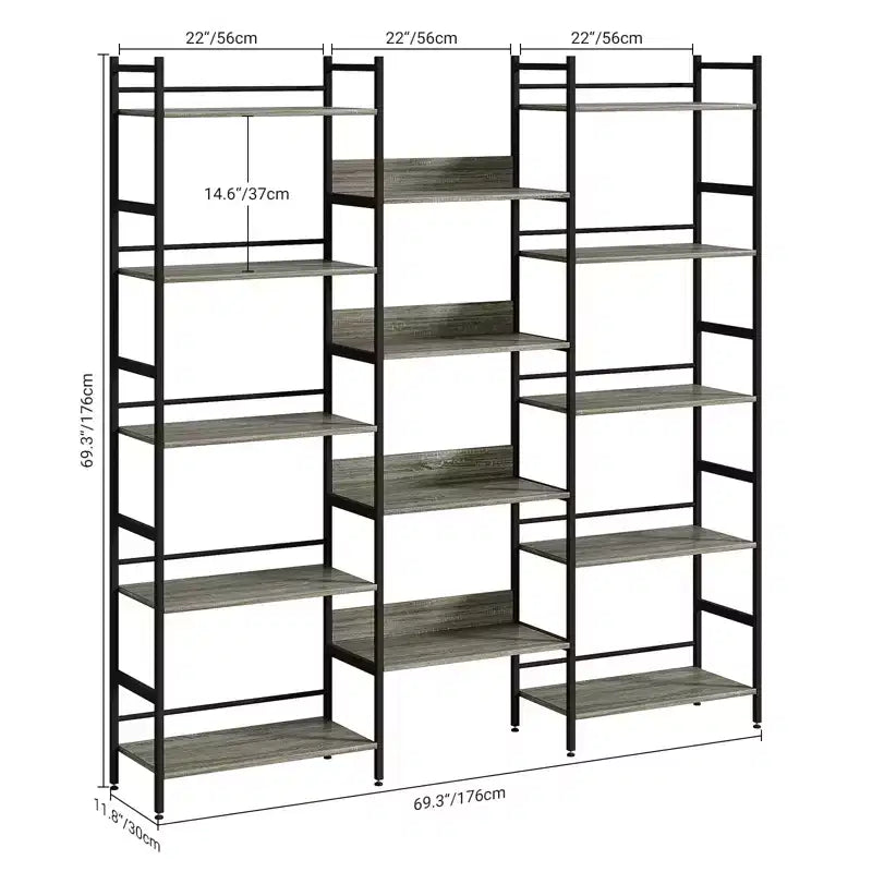 5 Tier Bookcases and Bookshelves, Triple Wide BookShelf With 14 Open Shelves, Adjustable Metal Frame Bookcase for Living Room Home Office