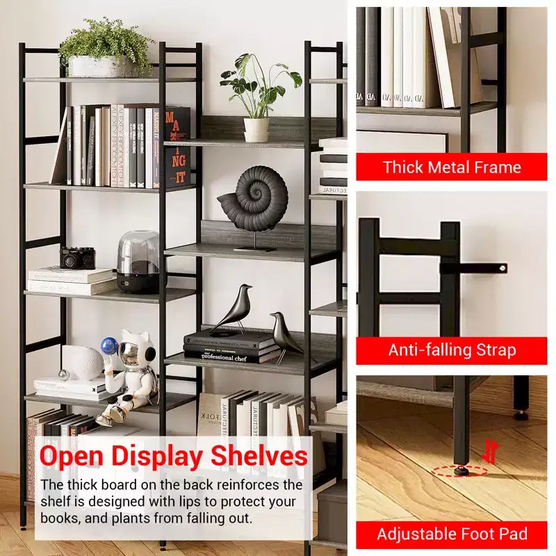 5 Tier Bookcases and Bookshelves, Triple Wide BookShelf With 14 Open Shelves, Adjustable Metal Frame Bookcase for Living Room Home Office