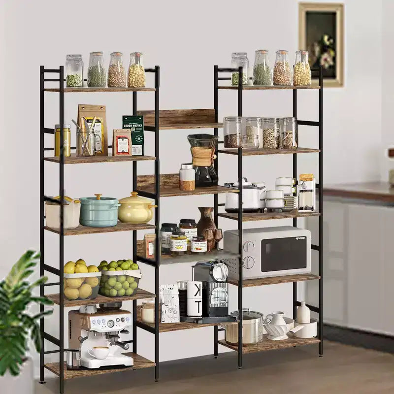 5 Tier Bookcases and Bookshelves, Triple Wide BookShelf With 14 Open Shelves, Adjustable Metal Frame Bookcase for Living Room Home Office