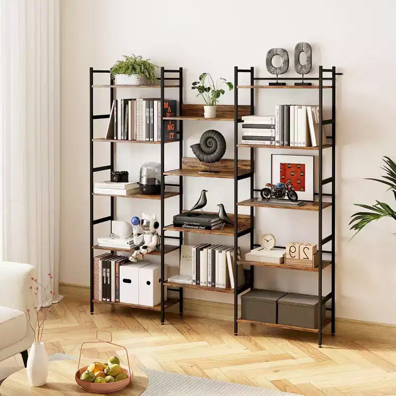 5 Tier Bookcases and Bookshelves, Triple Wide BookShelf With 14 Open Shelves, Adjustable Metal Frame Bookcase for Living Room Home Office