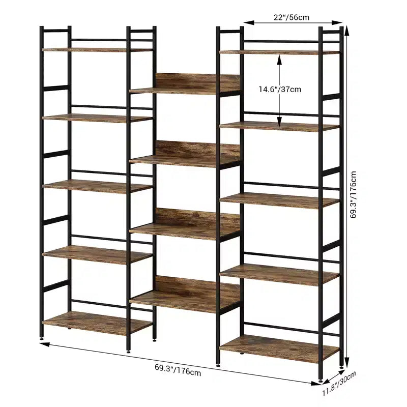5 Tier Bookcases and Bookshelves, Triple Wide BookShelf With 14 Open Shelves, Adjustable Metal Frame Bookcase for Living Room Home Office
