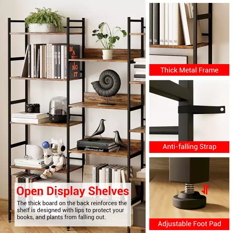 5 Tier Bookcases and Bookshelves, Triple Wide BookShelf With 14 Open Shelves, Adjustable Metal Frame Bookcase for Living Room Home Office