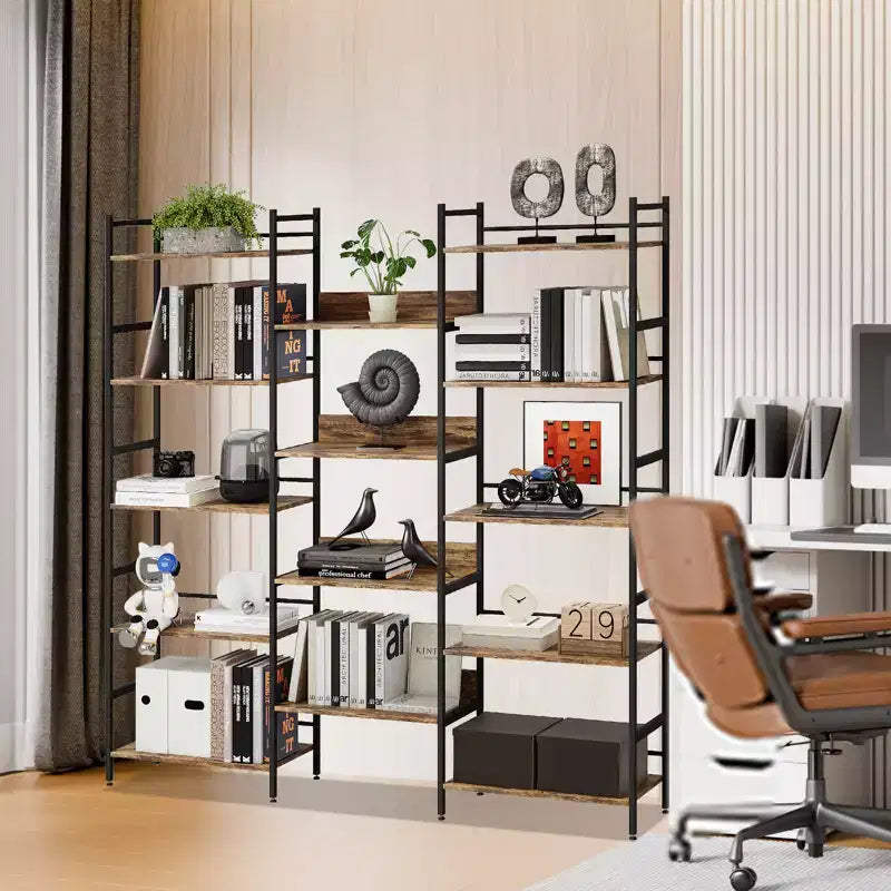 5 Tier Bookcases and Bookshelves, Triple Wide BookShelf With 14 Open Shelves, Adjustable Metal Frame Bookcase for Living Room Home Office