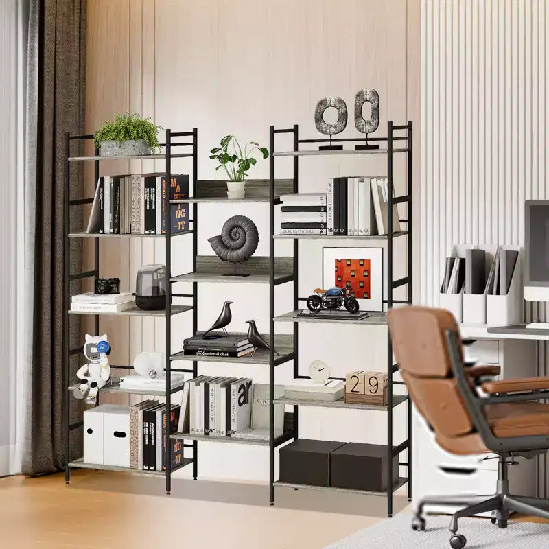 5 Tier Bookcases and Bookshelves, Triple Wide BookShelf With 14 Open Shelves, Adjustable Metal Frame Bookcase for Living Room Home Office