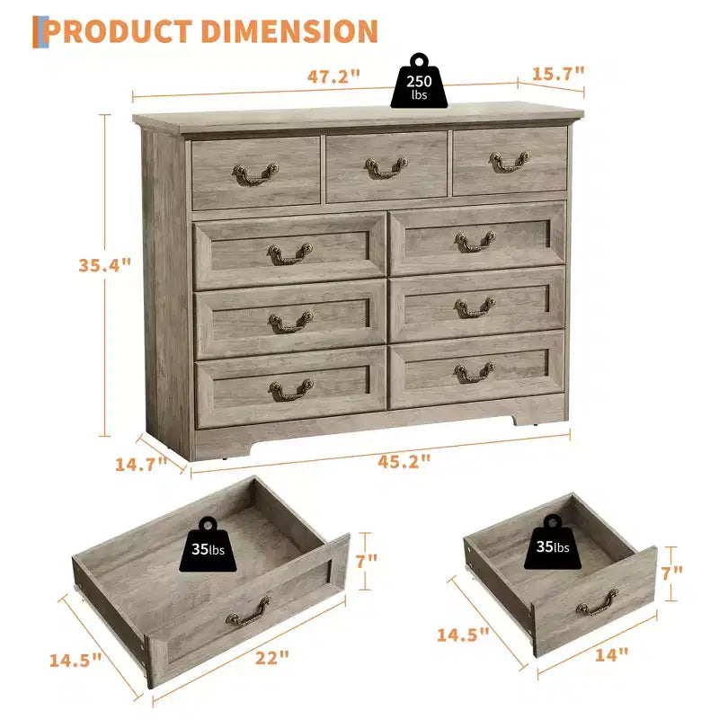 9-Drawer Dresser for Bedroom, Modern Wooden Chest of Drawers, Anti-Tipping Design, Sturdy and Stable Storage Organizer for Living Room, Entryway