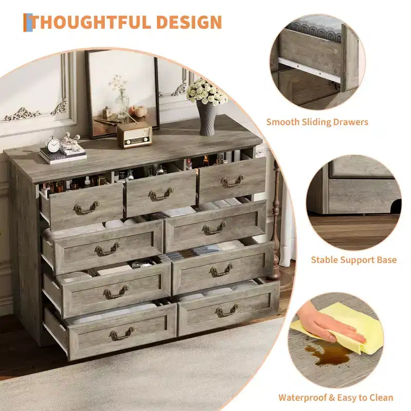 9-Drawer Dresser for Bedroom, Modern Wooden Chest of Drawers, Anti-Tipping Design, Sturdy and Stable Storage Organizer for Living Room, Entryway