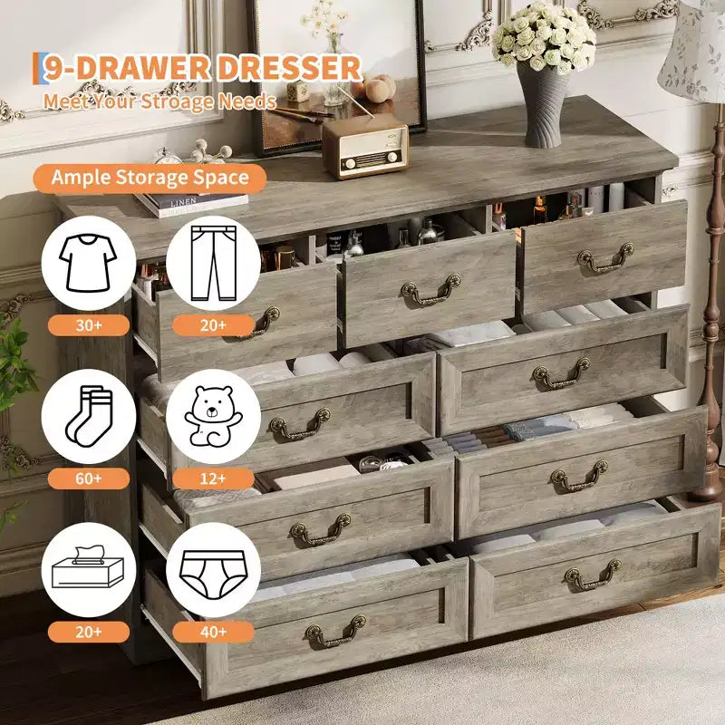 9-Drawer Dresser for Bedroom, Modern Wooden Chest of Drawers, Anti-Tipping Design, Sturdy and Stable Storage Organizer for Living Room, Entryway